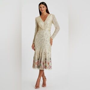 Gold Multicolor Long Sleeve Tea Length Dress